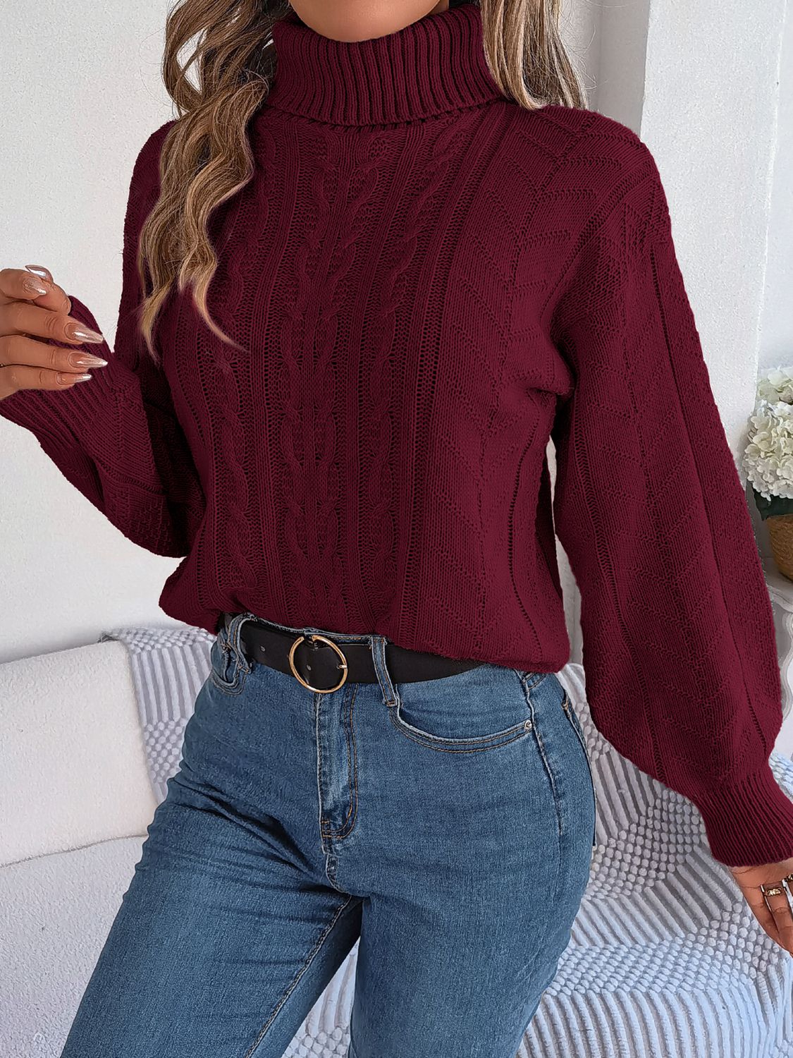 Cable-Knit Turtleneck Sweater Trendsi