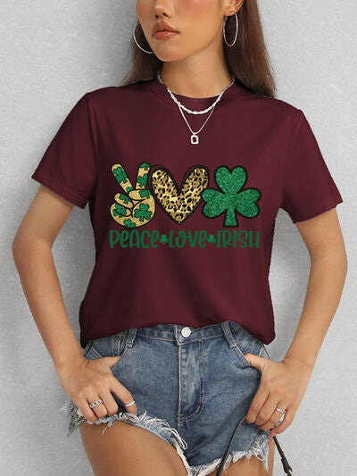 PEACE LOVE IRISH Round Neck Short Sleeve T-Shirt Trendsi