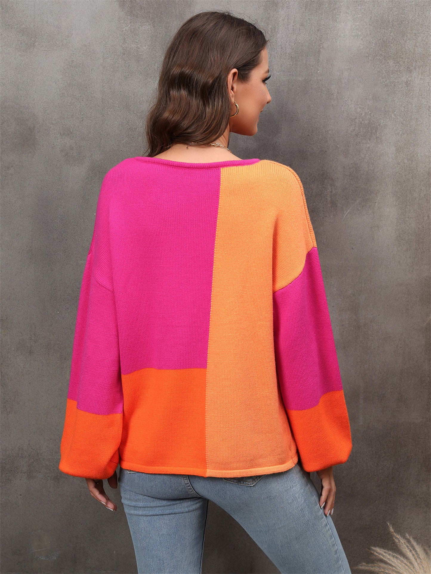 Color Block Round Neck Dropped Shoulder Sweater Trendsi