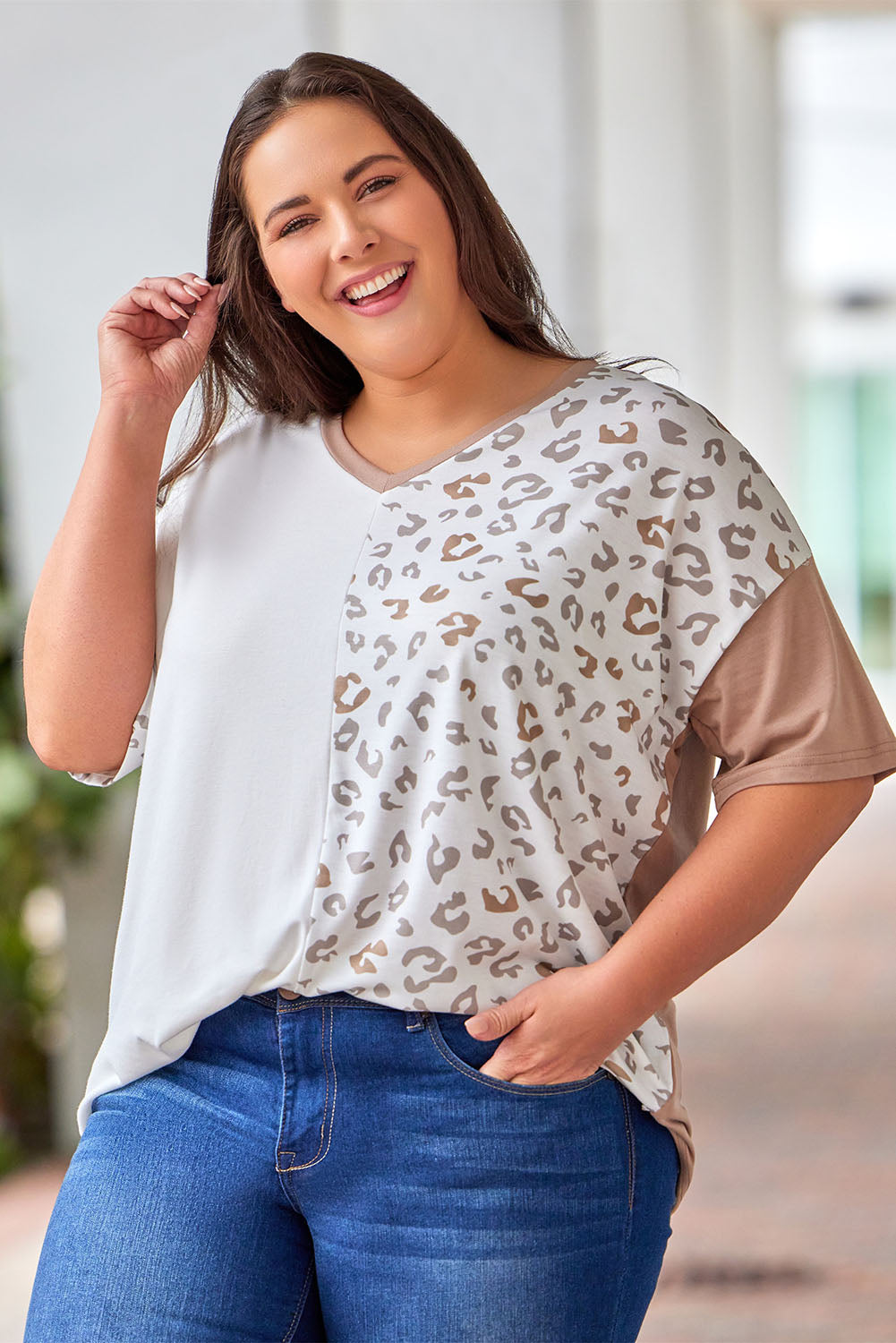 Plus Size Leopard V-Neck T-Shirt Trendsi
