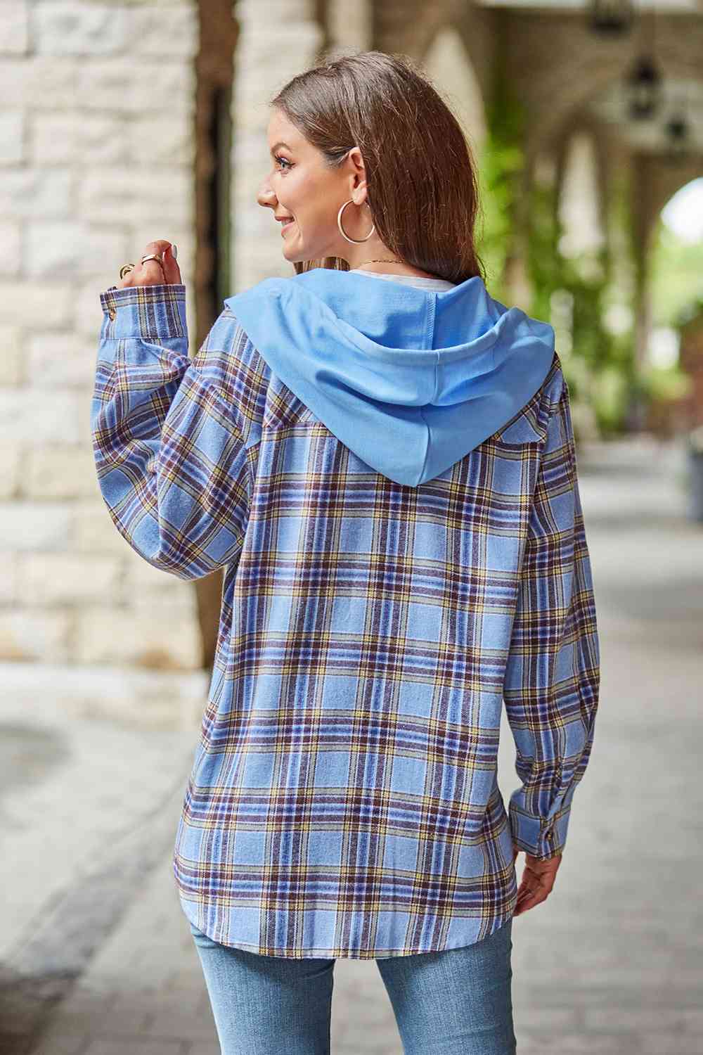 Plaid Long Sleeve Hooded Jacket Trendsi
