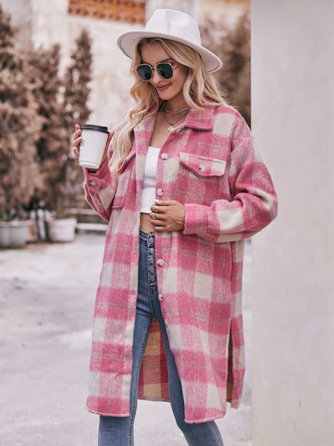 Plaid Dropped Shoulder Slit Coat Trendsi
