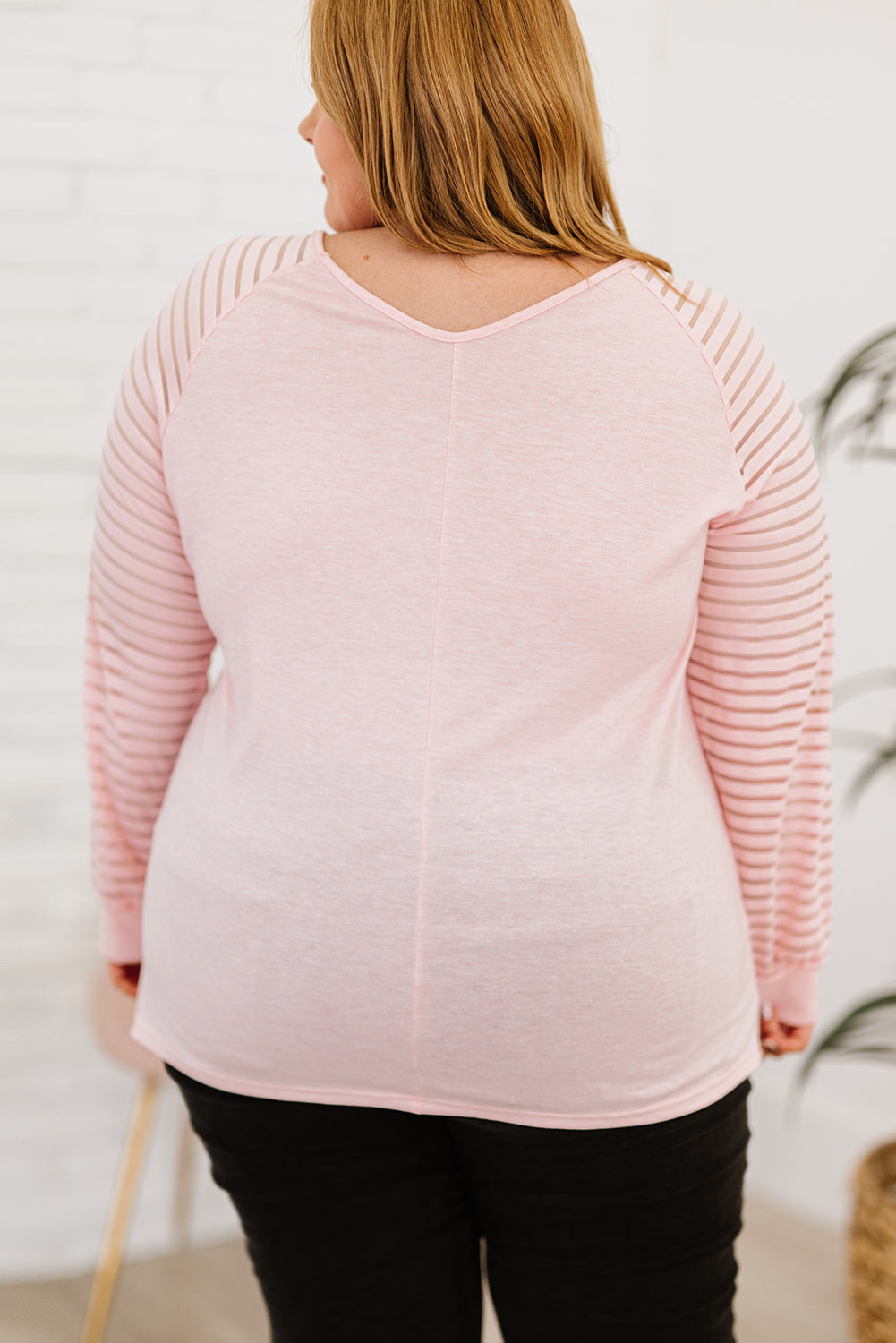 Plus Size Sheer Striped Sleeve V-Neck Top Trendsi