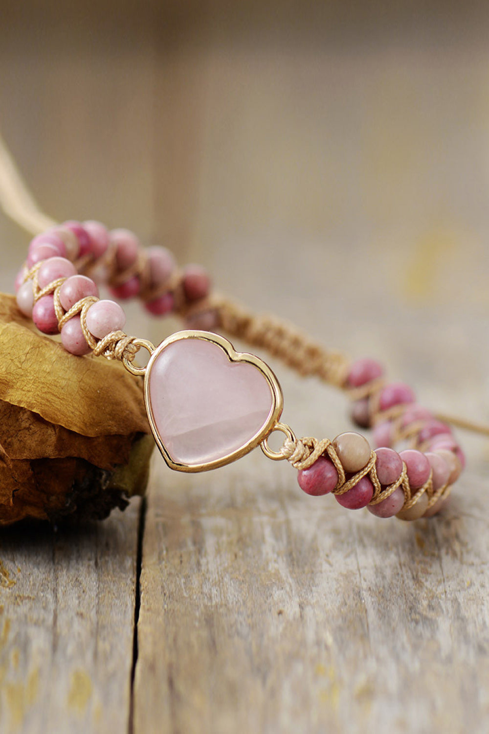 Rose Quartz Heart Beaded Bracelet Trendsi