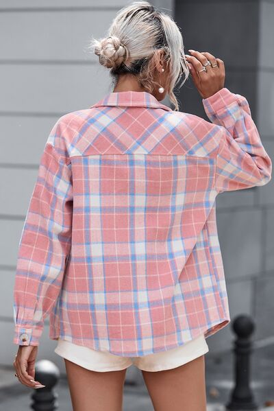 Plaid Pocketed Collared Neck Button Up Jacket Trendsi