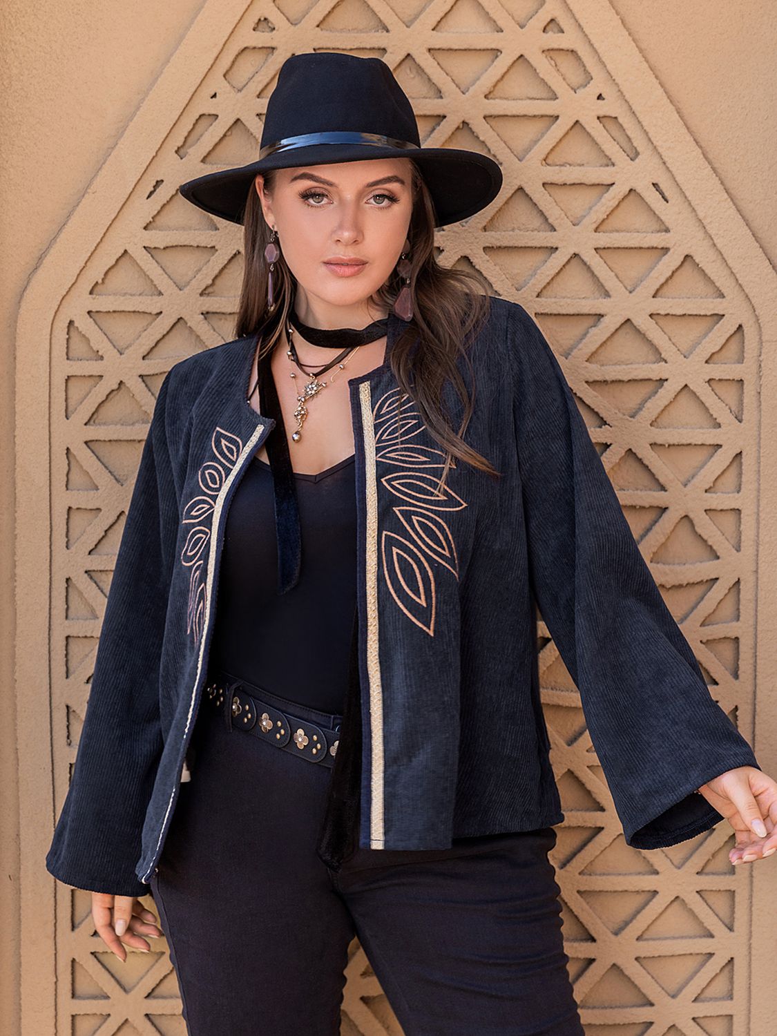 Plus Size Embroidered Open Front Jacket Trendsi