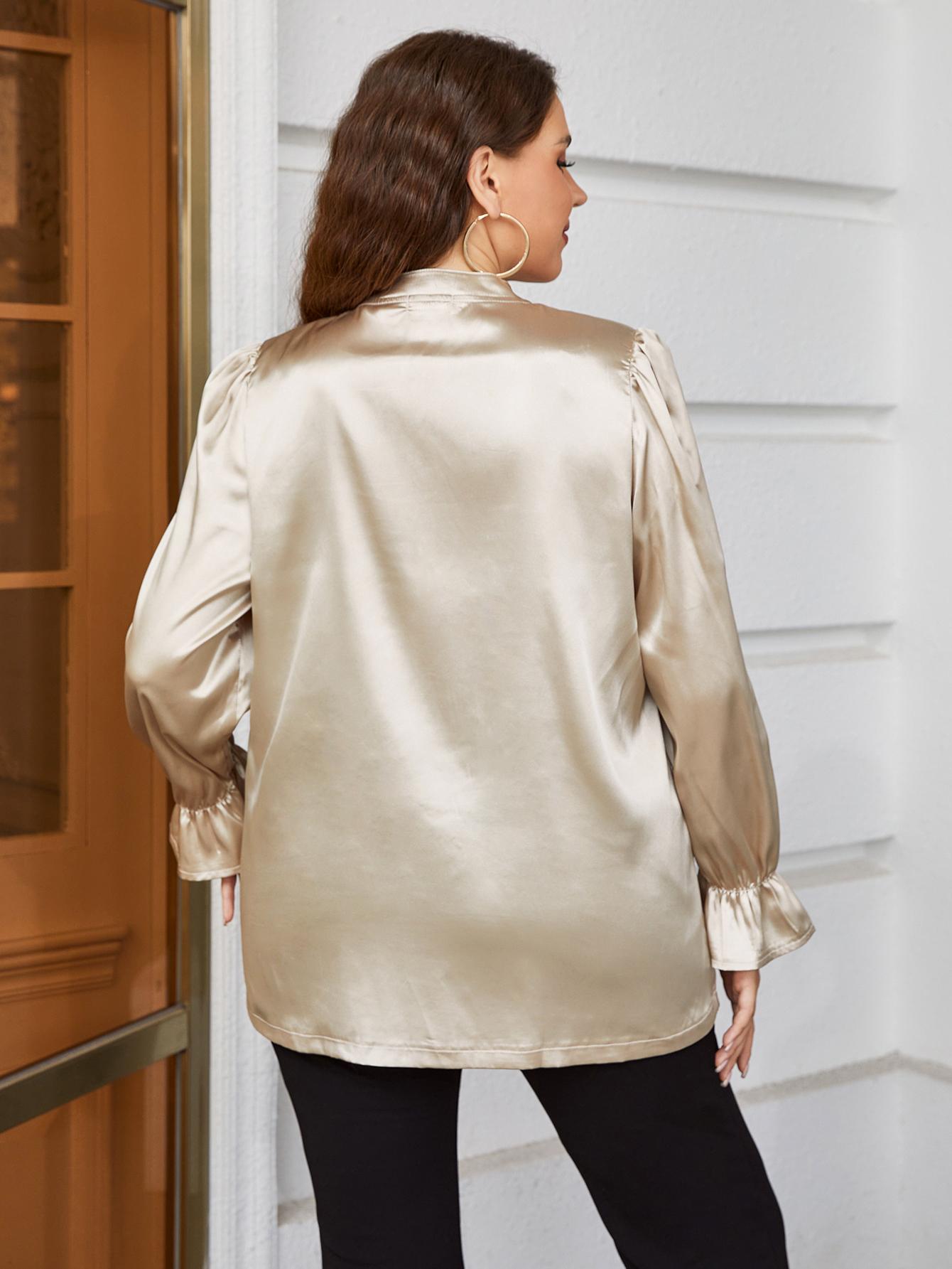 Plus Size Flounce Sleeve Band Collar Shirt Trendsi