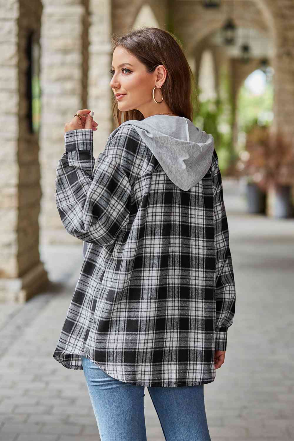 Plaid Long Sleeve Hooded Jacket Trendsi