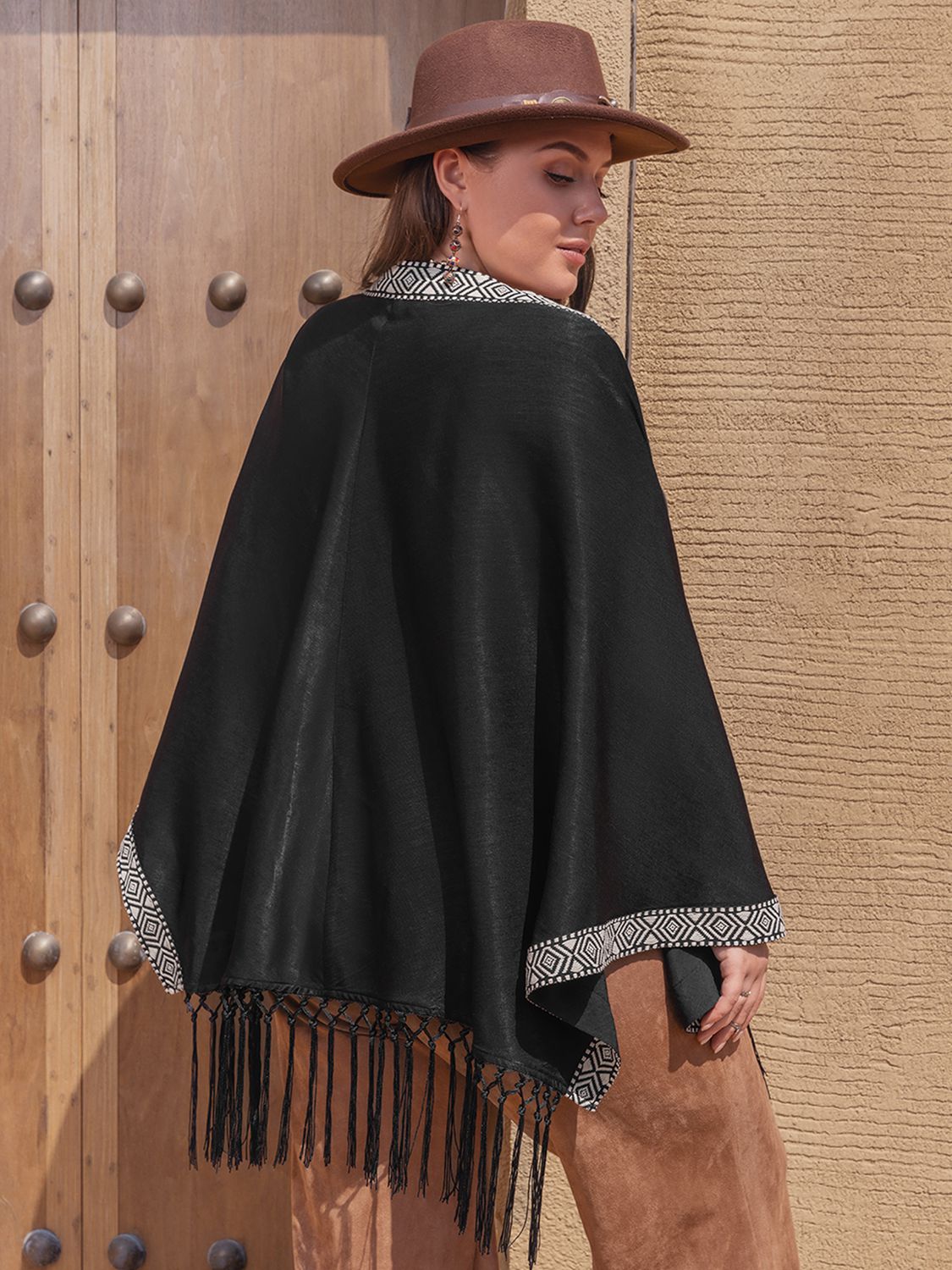 Plus Size Geometric Open Front Fringe Hem Cardigan Trendsi