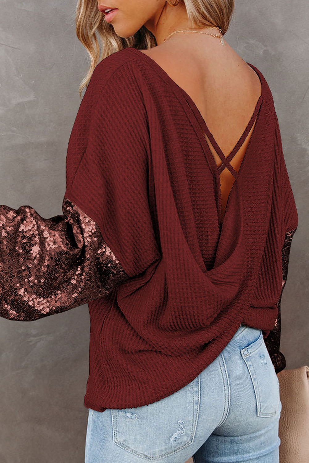 Sequin Waffle-Knit Blouse Trendsi