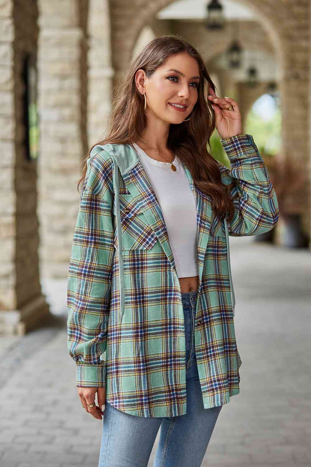 Plaid Long Sleeve Hooded Jacket Trendsi