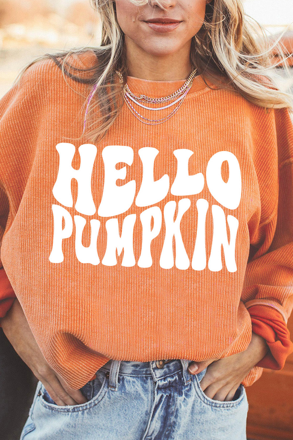 Round Neck Dropped Shoulder HELLO PUMPKIN Graphic Sweatshirt Trendsi