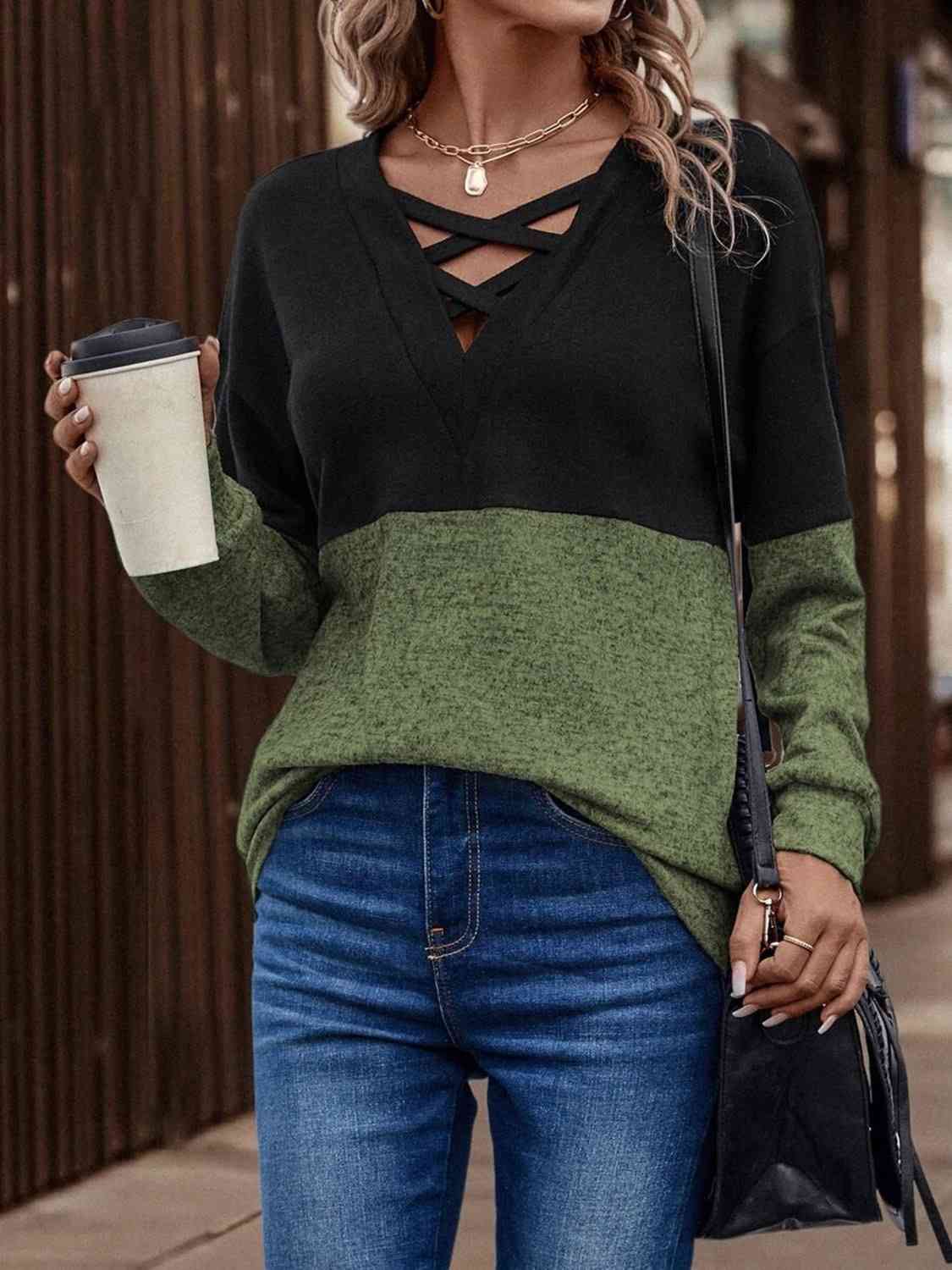 Two-Tone Crisscross Detail Sweatshirt Trendsi