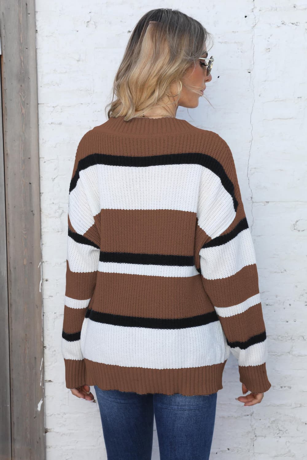 Color Block V-Neck Dropped Shoulder Sweater Trendsi