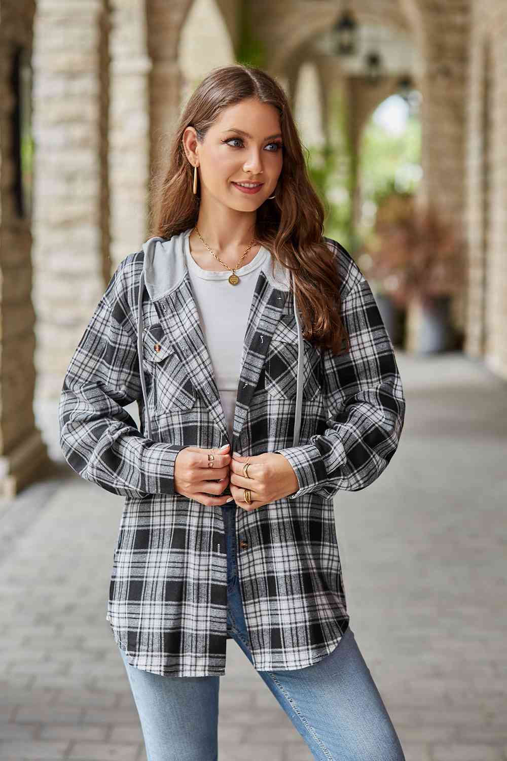 Plaid Long Sleeve Hooded Jacket Trendsi