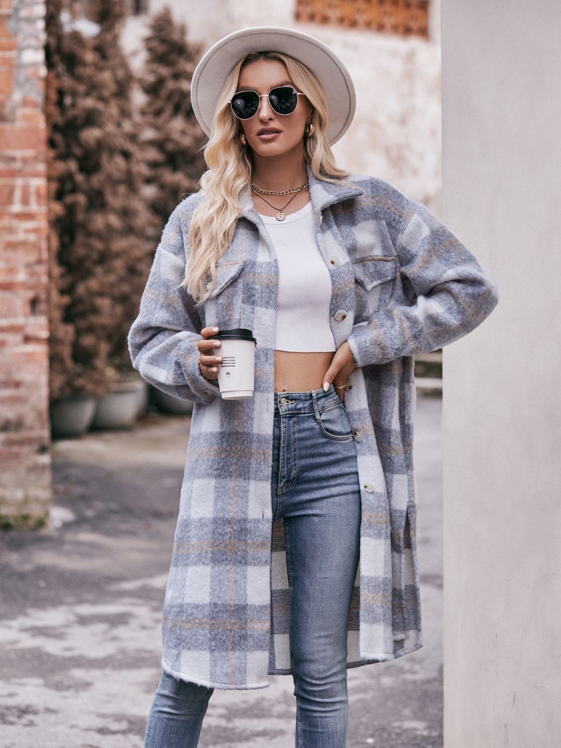 Plaid Dropped Shoulder Slit Coat Trendsi