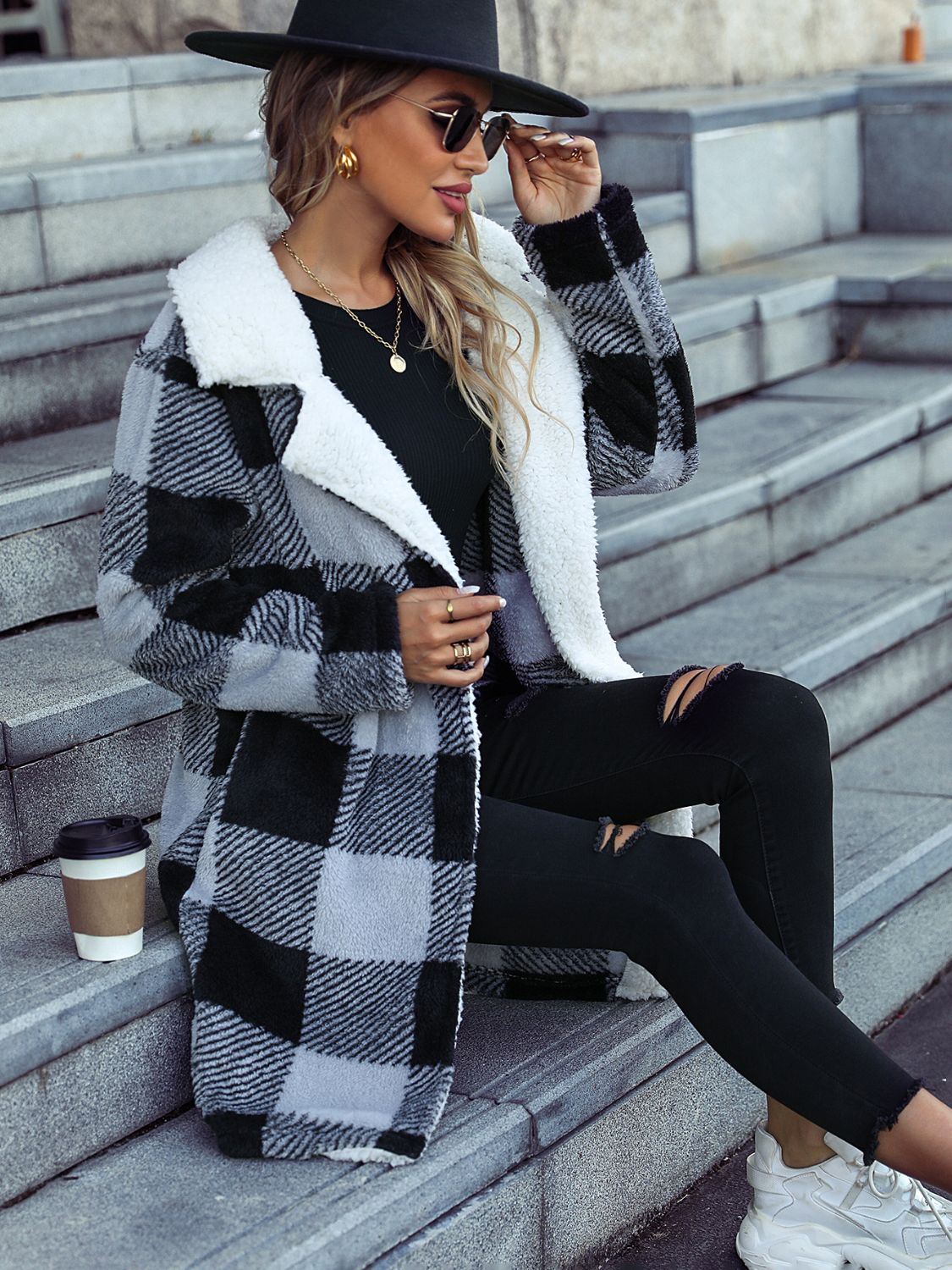Plaid Open Front Coat with Pockets Trendsi