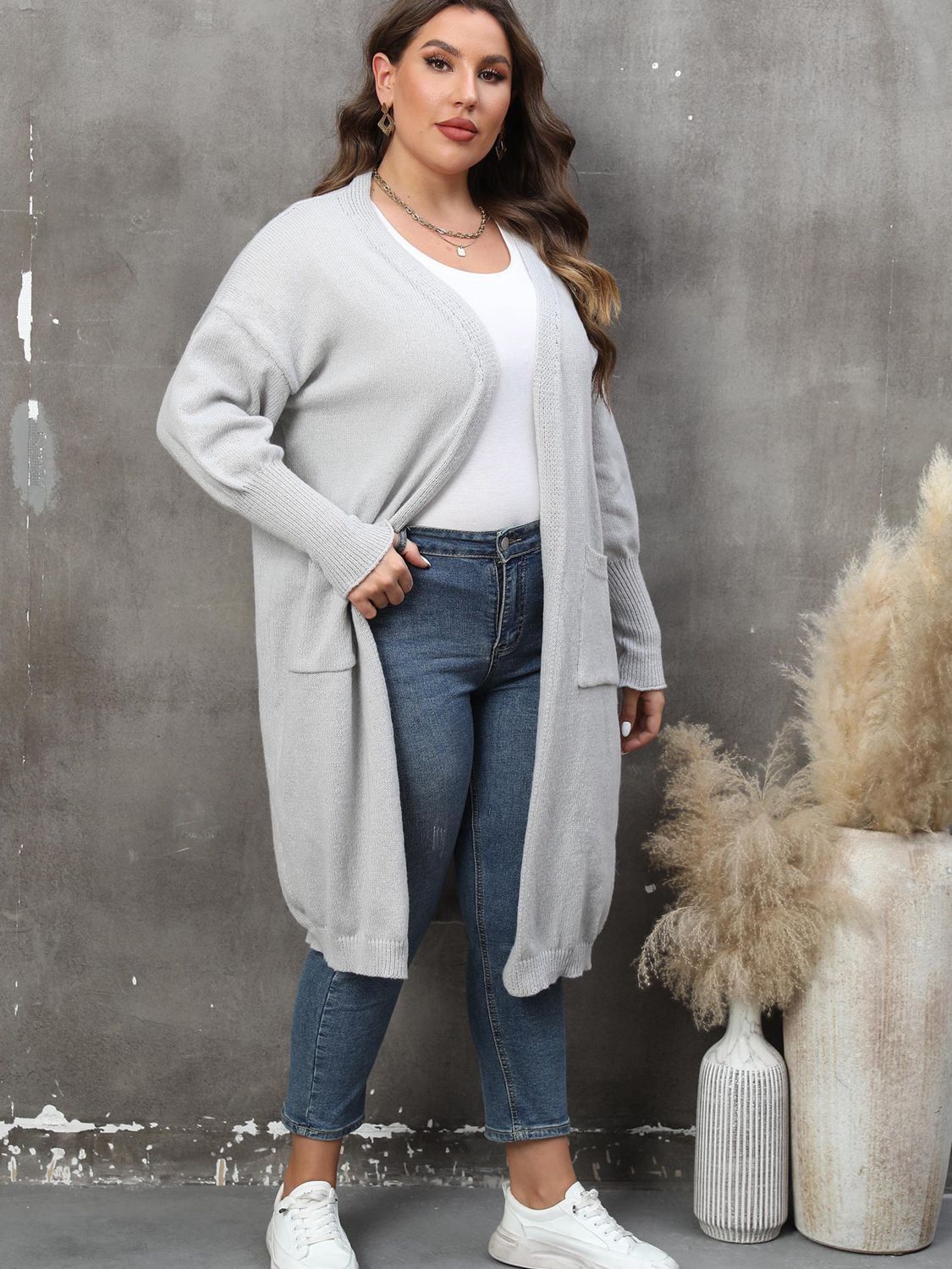 Plus Size Long Sleeve Pocketed Cardigan Trendsi