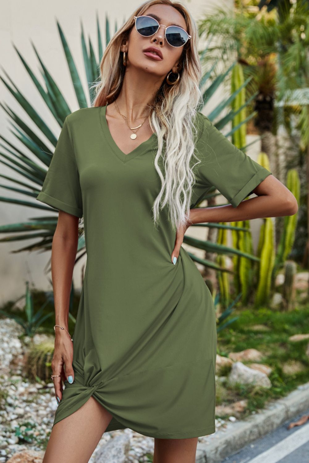 Twisted V-Neck Short Sleeve Dress Trendsi