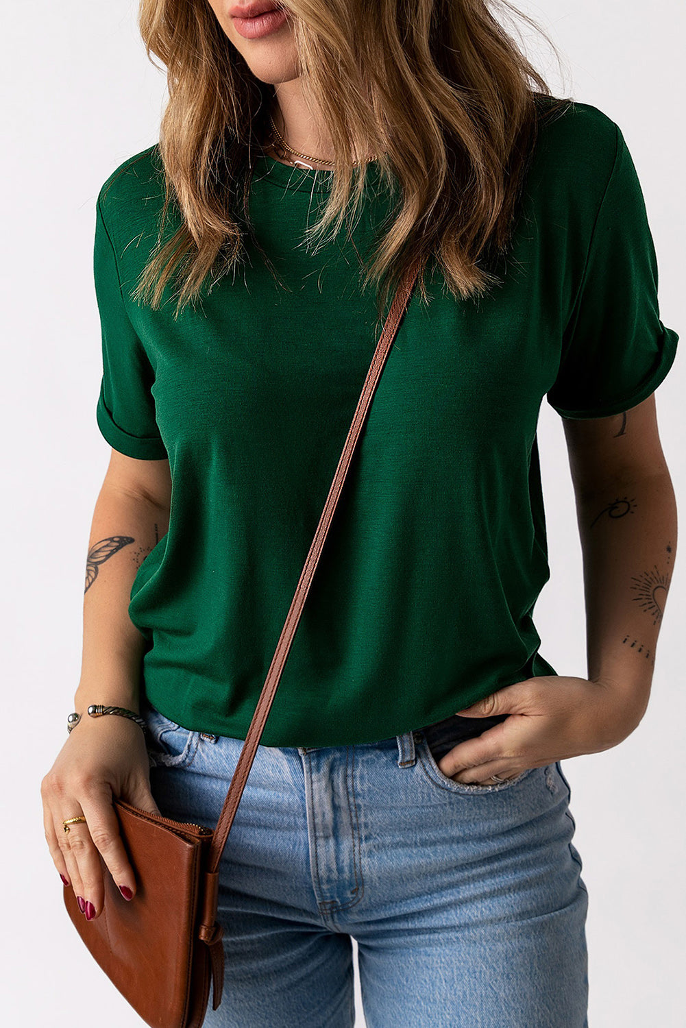 Round Neck Cuffed Short Sleeve Tee Trendsi
