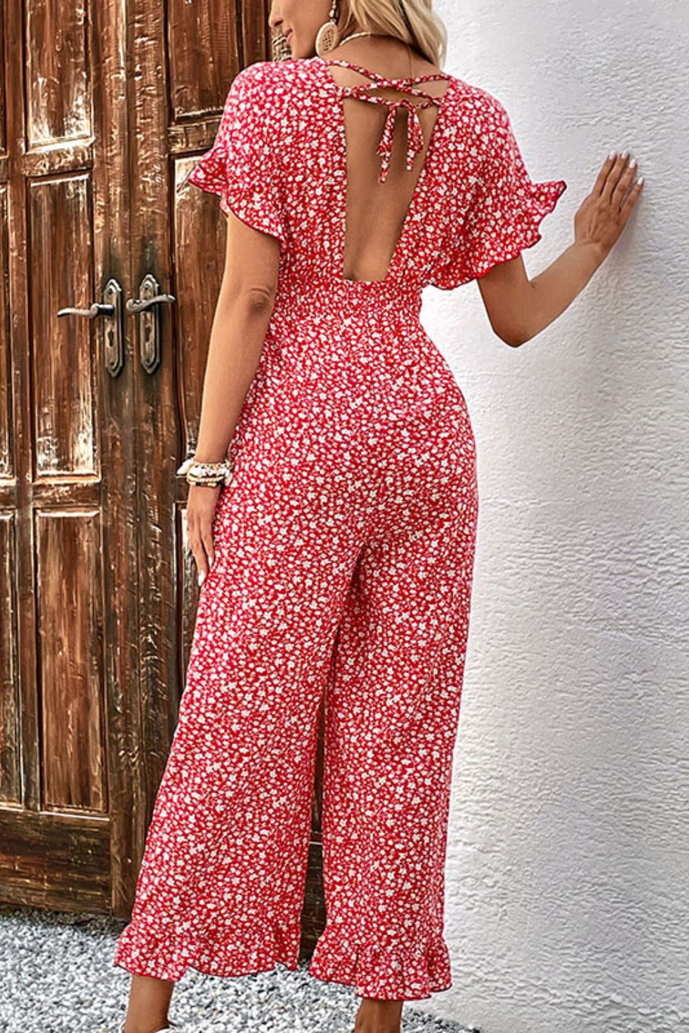 Printed Tie Back Ruffled Jumpsuit Trendsi