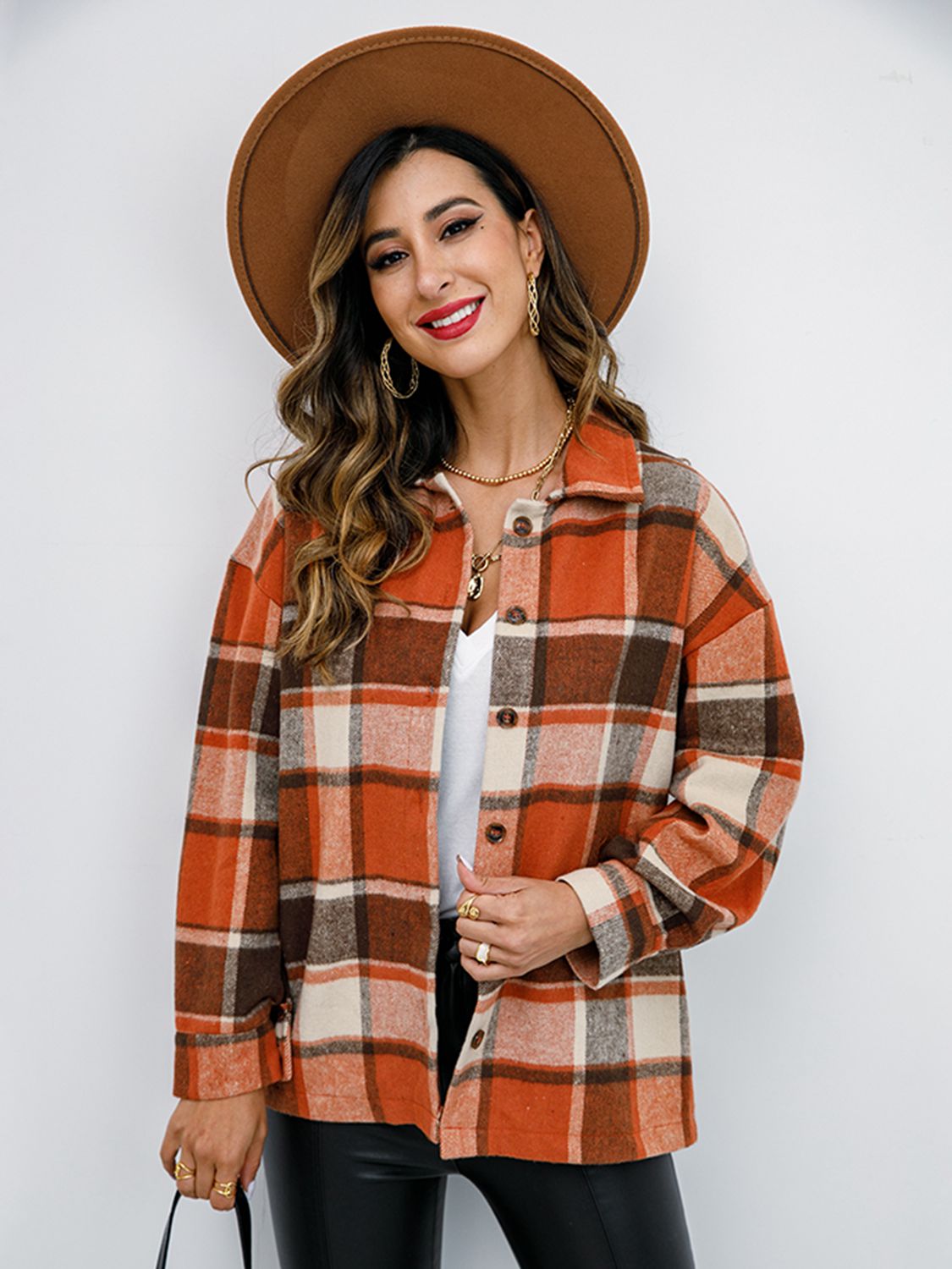 Plaid Button-Down Jacket Trendsi