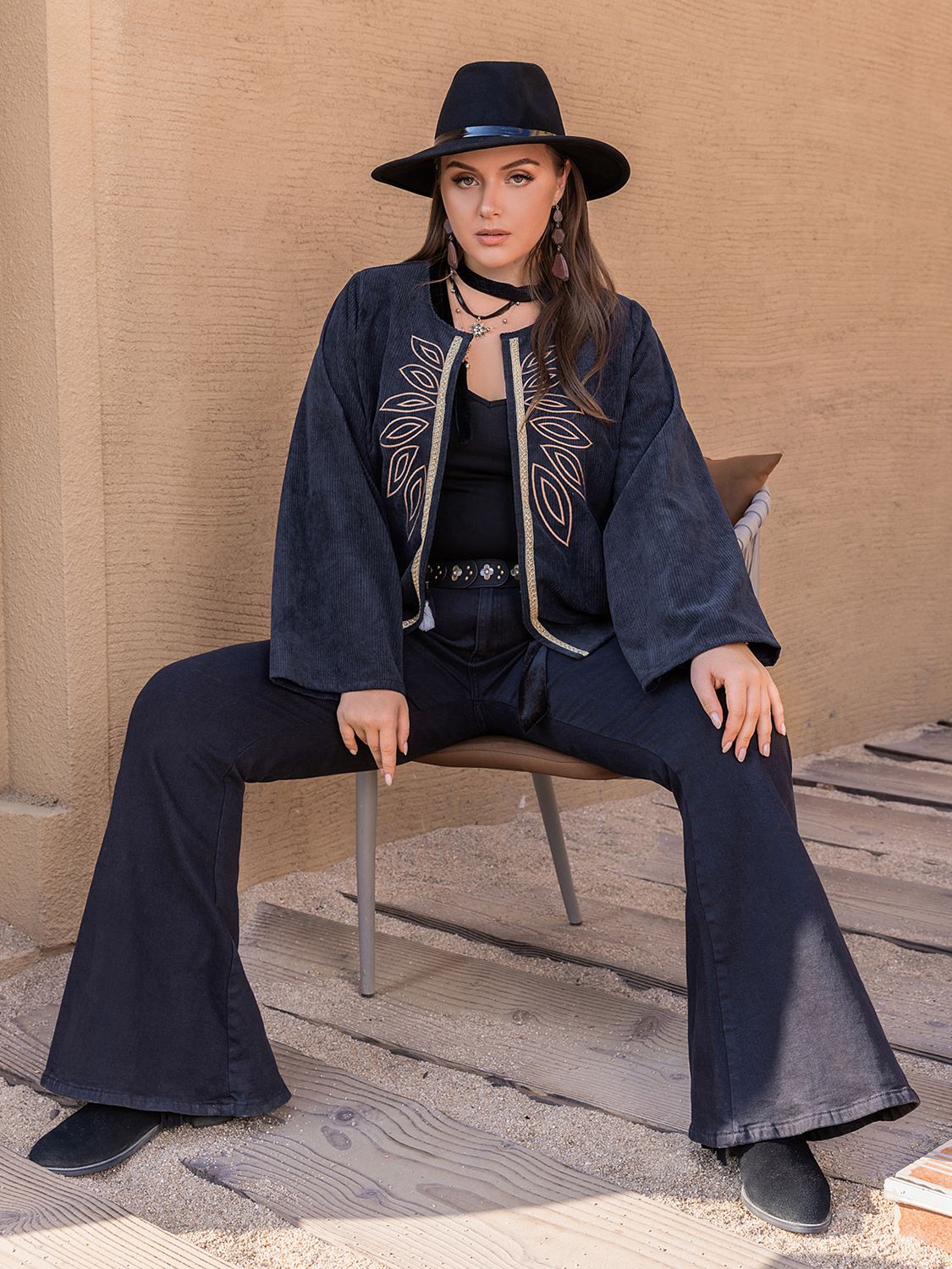 Plus Size Embroidered Open Front Jacket Trendsi