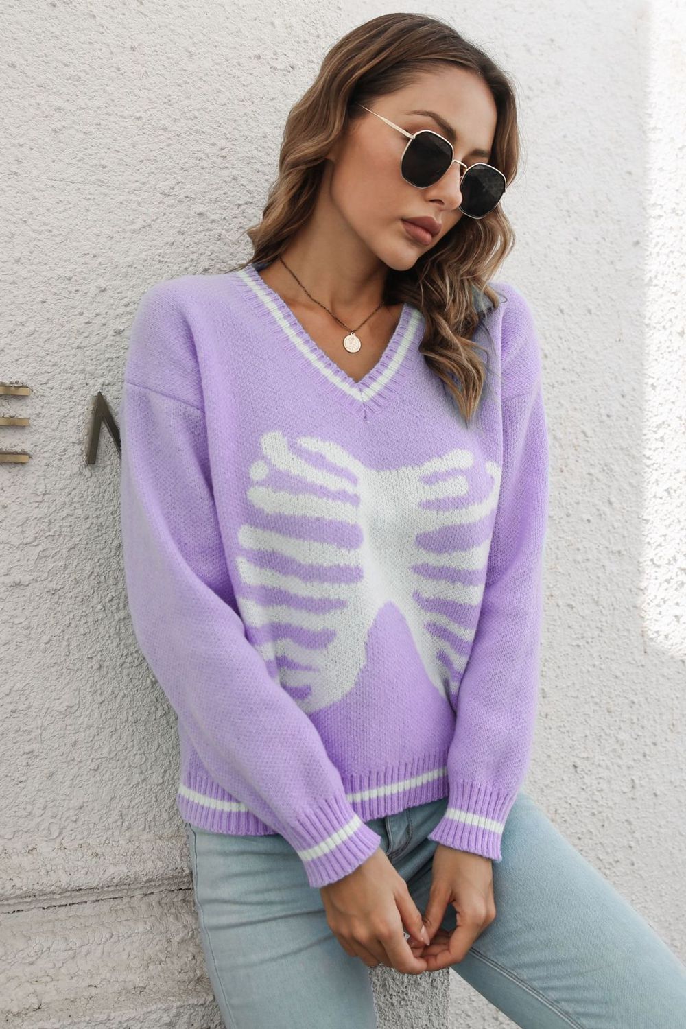 Skeleton Pattern V-Neck Long Sleeve Pullover Sweater Trendsi