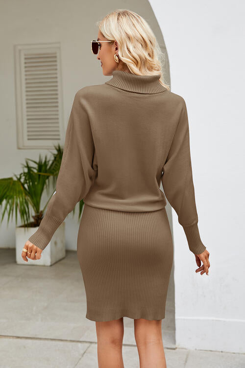 Ribbed Mock Neck Long Sleeve Dress Trendsi