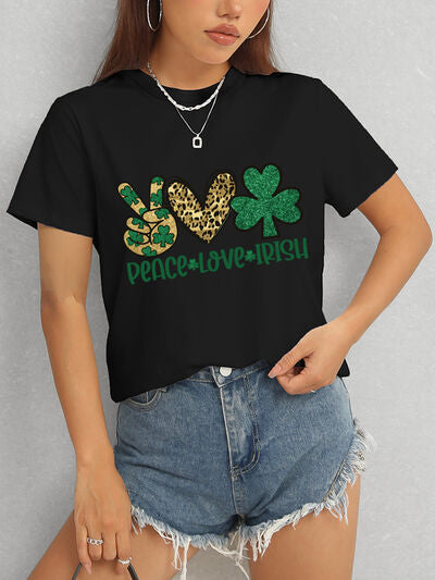PEACE LOVE IRISH Round Neck Short Sleeve T-Shirt Trendsi