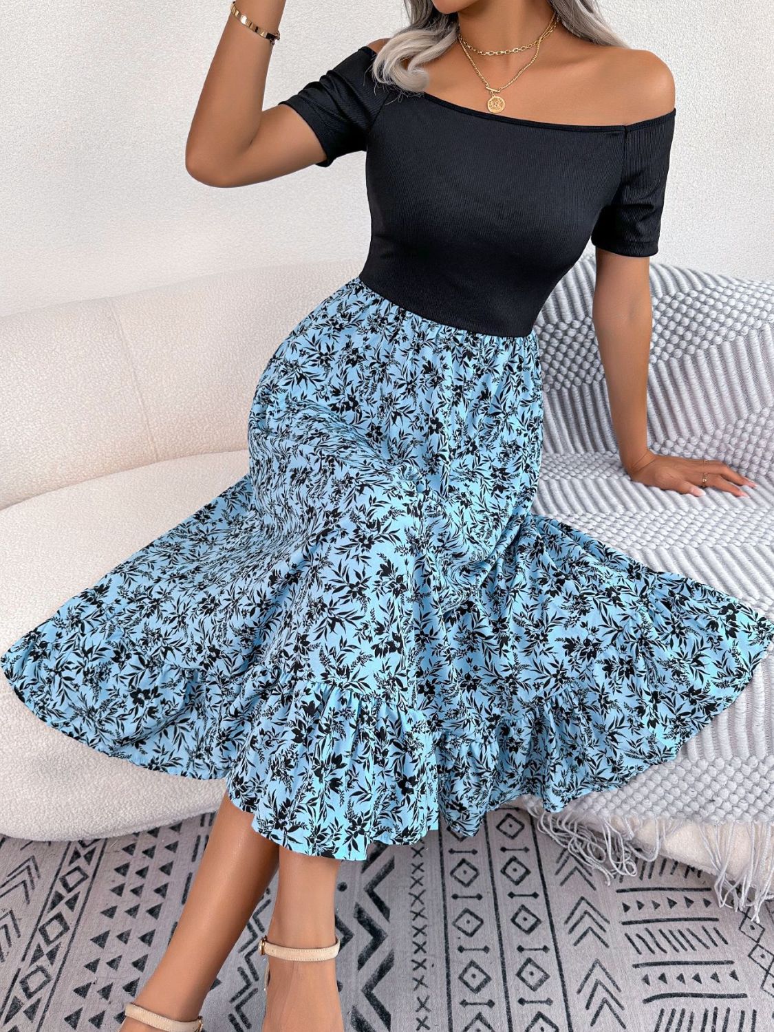 Printed Off-Shoulder Ruffle Hem Dress Trendsi