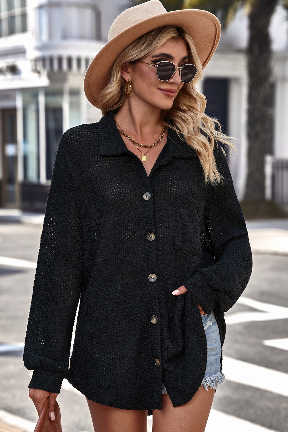 Waffle-Knit Collared Neck Dropped Shoulder Shirt Trendsi