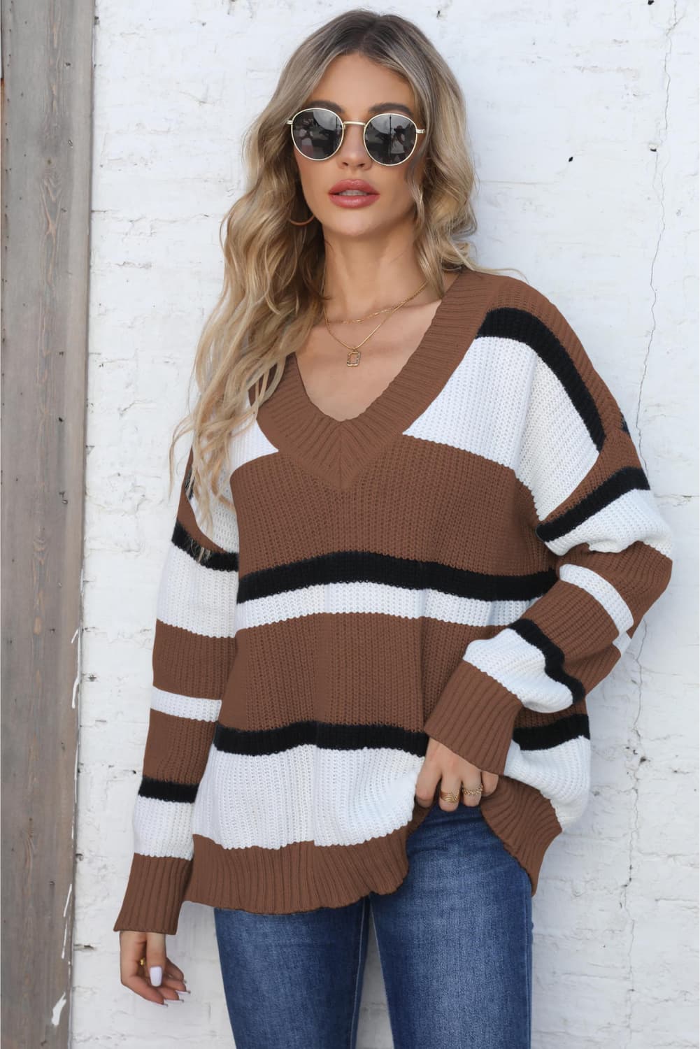Color Block V-Neck Dropped Shoulder Sweater Trendsi