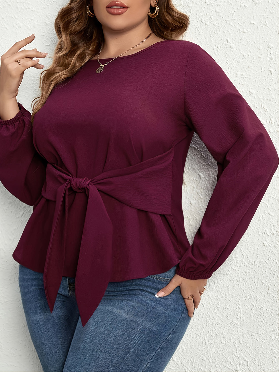 Plus Size Tie Front Long Sleeve Blouse Trendsi