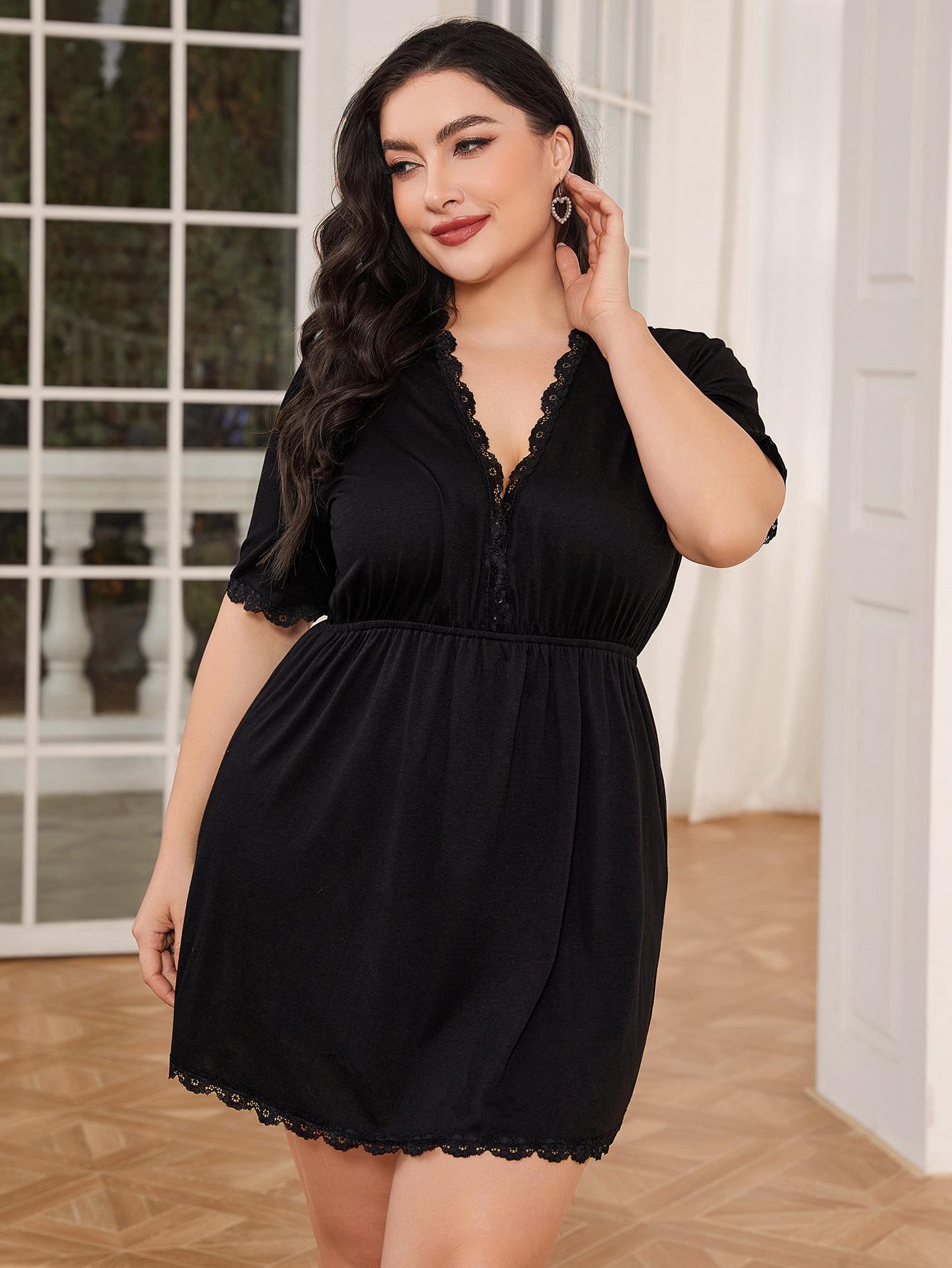 Plus Size Lace Trim Deep V Night Dress Trendsi