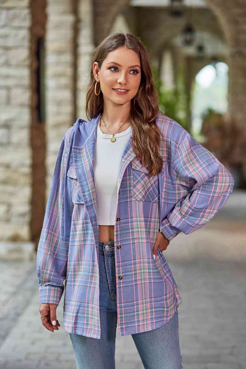 Plaid Long Sleeve Hooded Jacket Trendsi