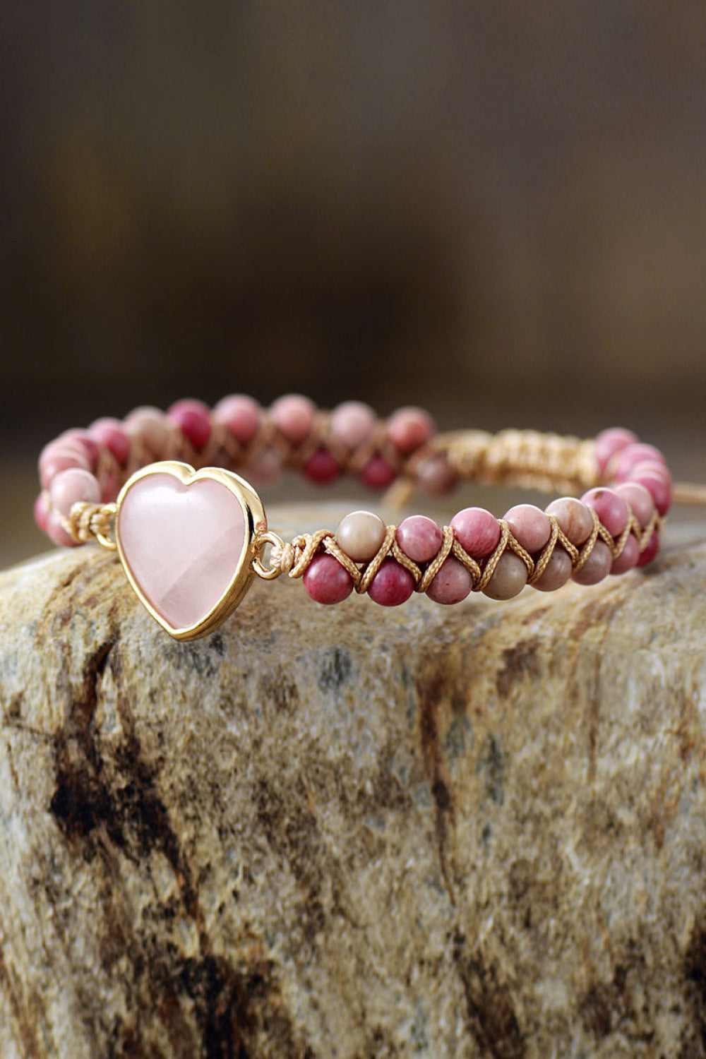 Rose Quartz Heart Beaded Bracelet Trendsi