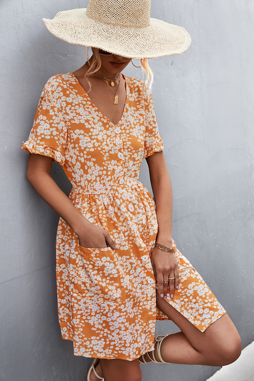 Printed Button down Pocketed Dress Trendsi