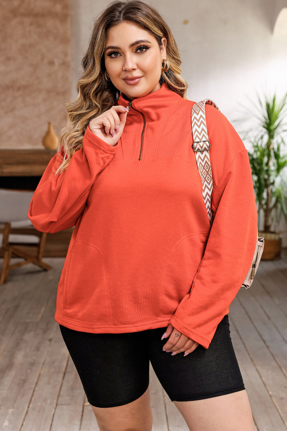 Plus Size Zip-Up Dropped Shoulder Sweatshirt Trendsi