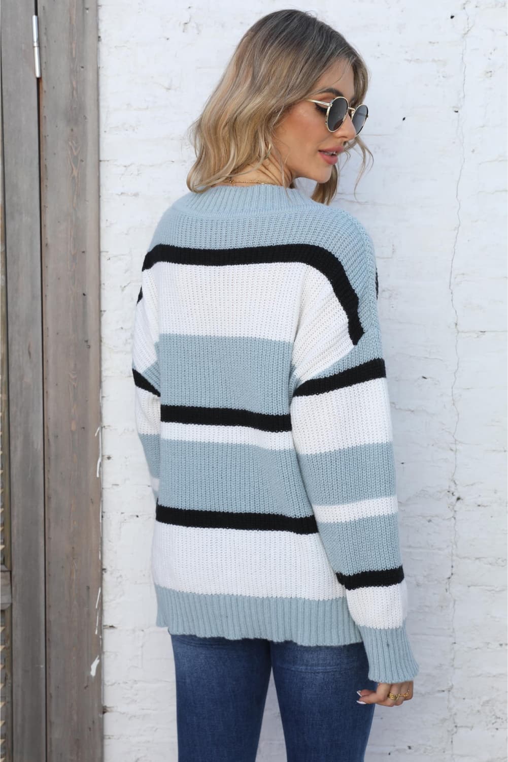 Color Block V-Neck Dropped Shoulder Sweater Trendsi