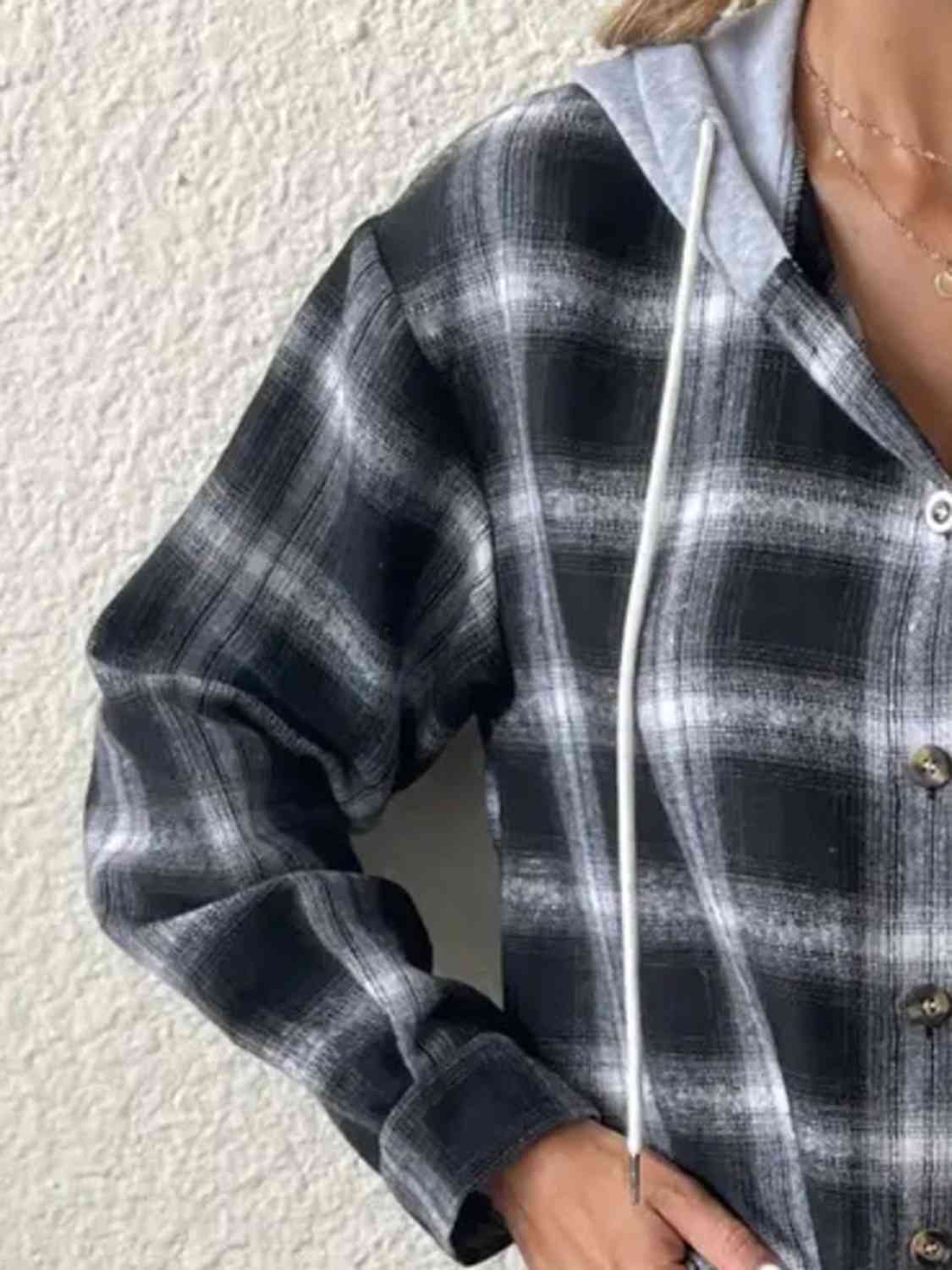 Plaid Drawstring Button Up Hooded Jacket Trendsi