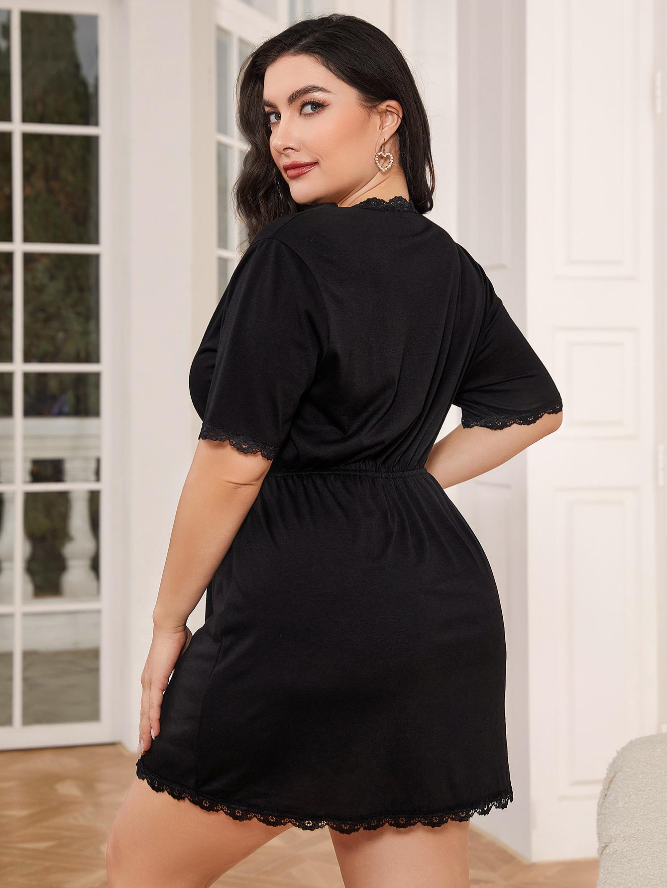 Plus Size Lace Trim Deep V Night Dress Trendsi