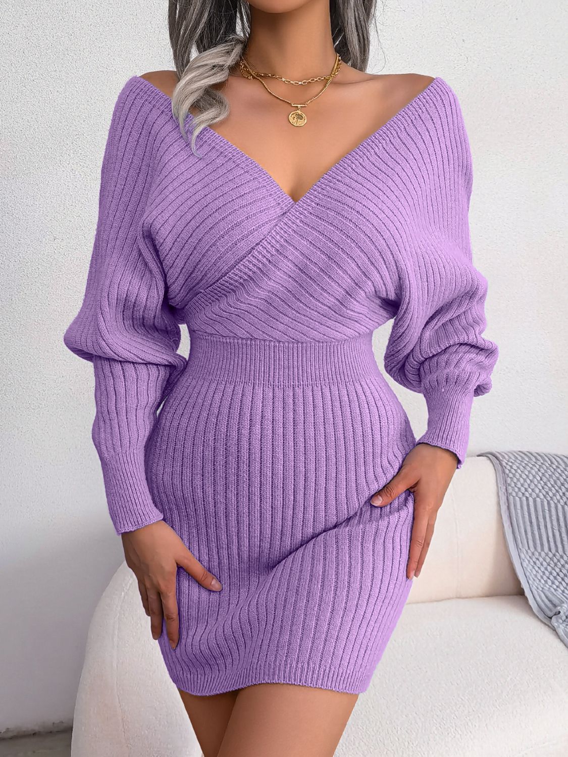 Rib-Knit Dolman Sleeve Sweater Dress Trendsi