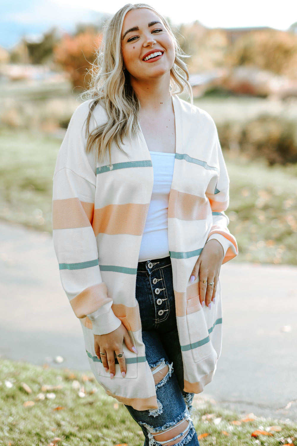 Plus Size Striped Open Front Cardigan Trendsi