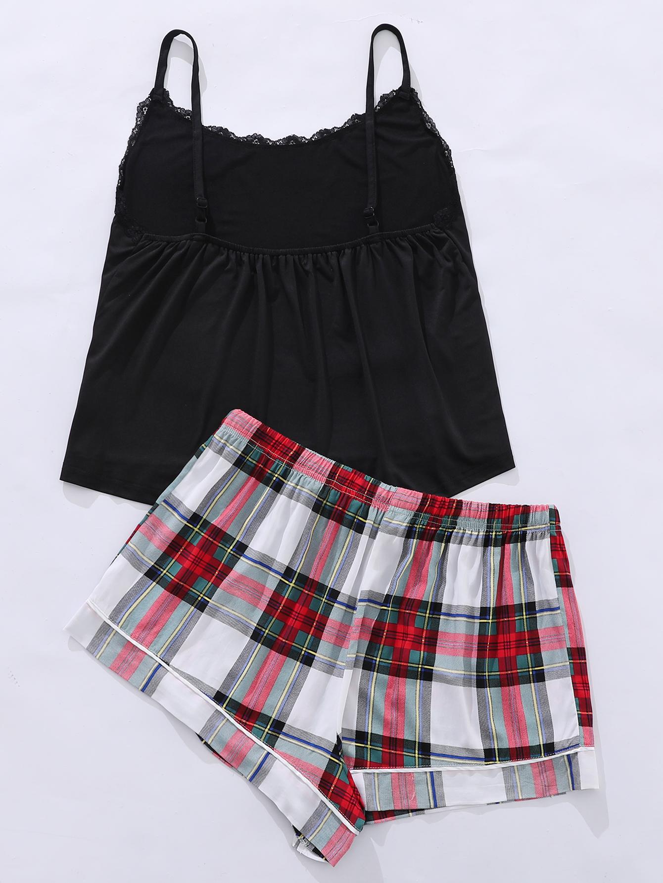 Plus Size Lace Trim Scoop Neck Cami and Printed Shorts Pajama Set Trendsi