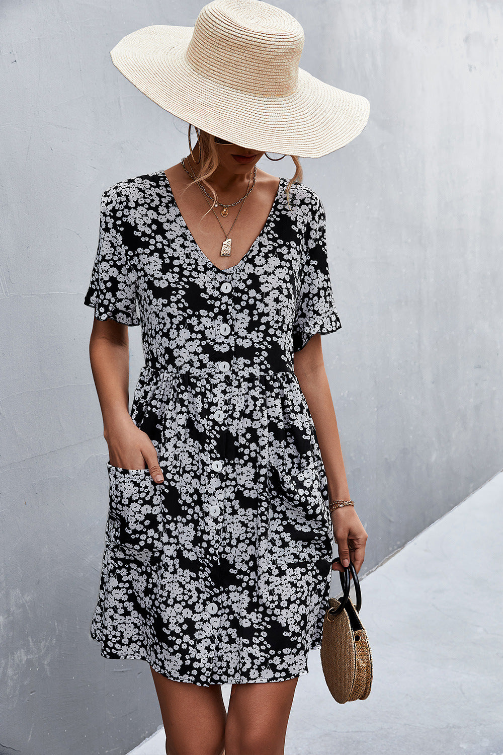 Printed Button down Pocketed Dress Trendsi