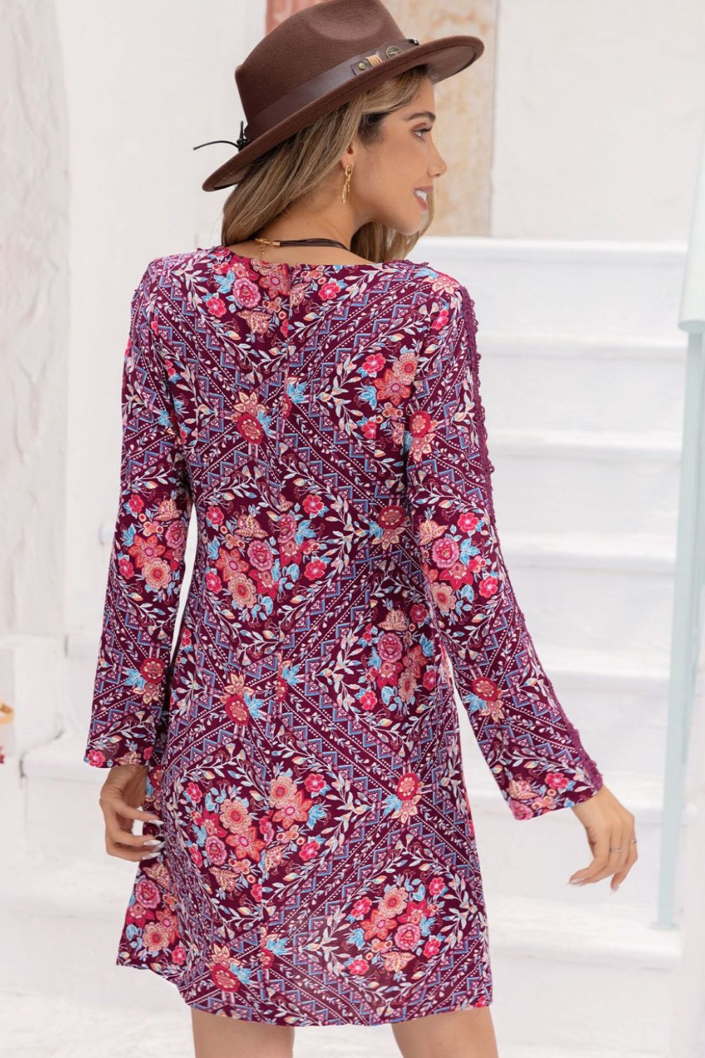 V-Neck Long Sleeve Printed Mini Dress Trendsi
