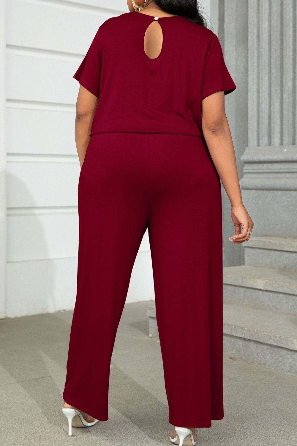 Plus Size Drawstring Waist Short Sleeve Jumpsuit Trendsi