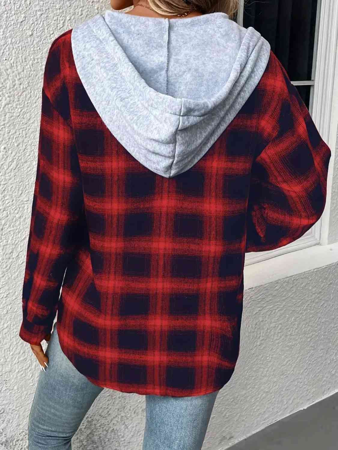 Plaid Drawstring Button Up Hooded Jacket Trendsi
