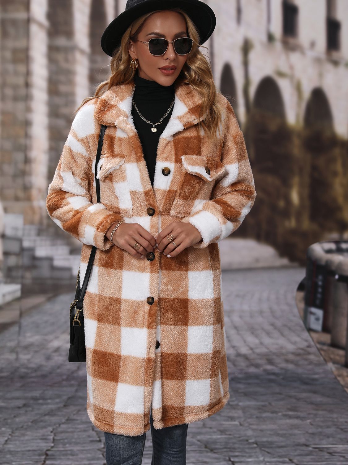 Plaid Collared Neck Button Down Coat Trendsi